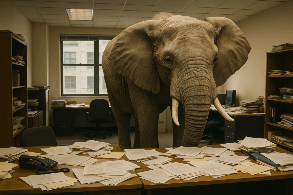 Elefante dentro de una oficina desordenada, como metáfora visual de los problemas organizacionales que suelen ignorarse