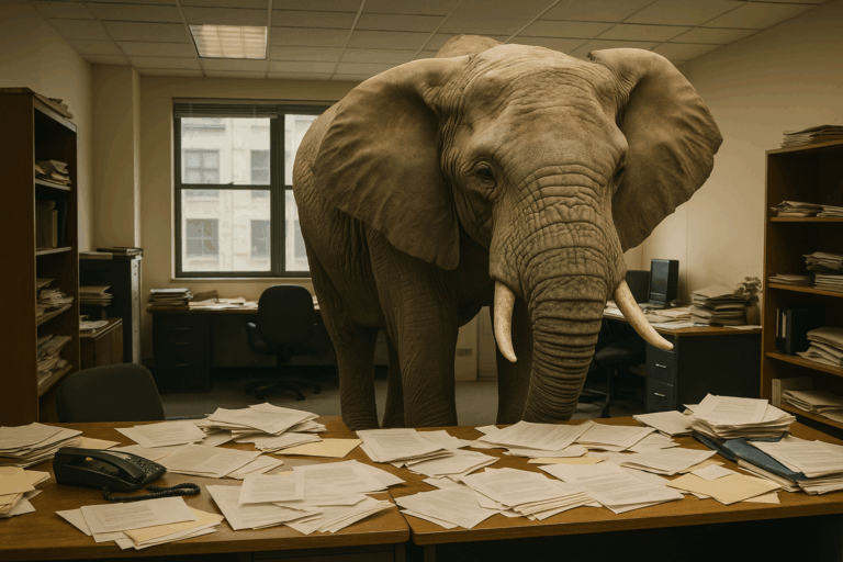 Elefante dentro de una oficina desordenada, como metáfora visual de los problemas organizacionales que suelen ignorarse